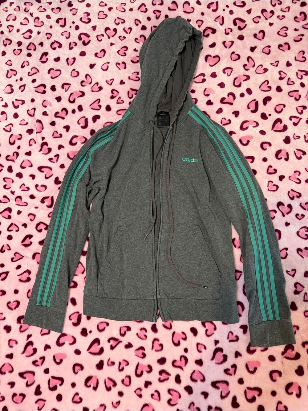 Y2K adidas Gray Zip-Up Hoodie with Teal Stripe Details